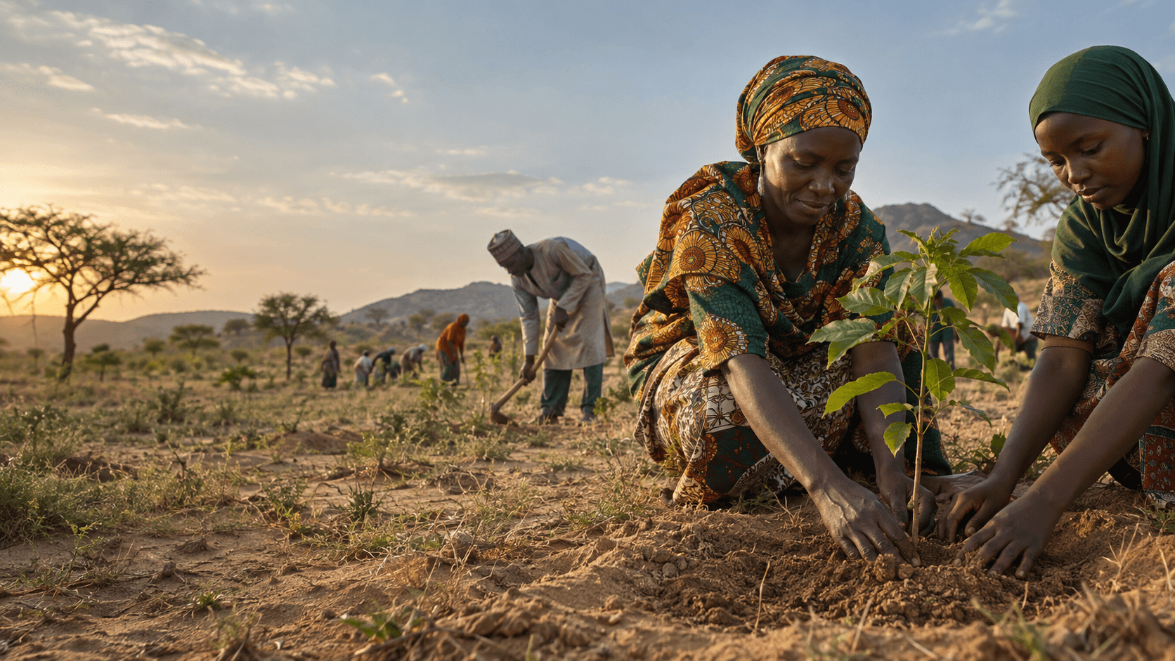 Representative editorial image of Nigerian community members restoring a semi-arid landscape